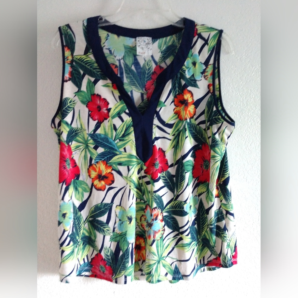Pretty Naif Floral Sleeveless Shirt Multicolor Flowers Size Large Chest 40"